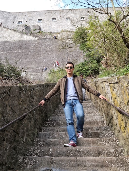 Jeff (of Life Of Y) walks the stairs from the Citadel in Dinant