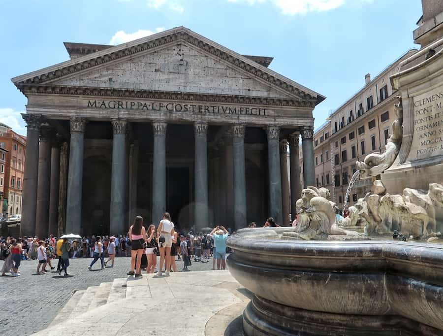 The fountain in front of the ancient columned Roman Pantheon