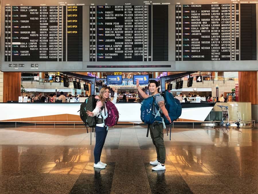 Two backpackers at Singapore airport