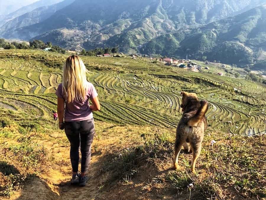 girl and dog stare at rice terraces