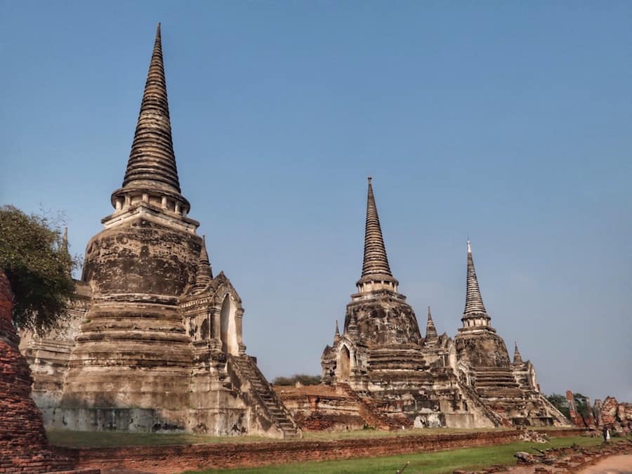 Image of three pagodas in the city f Ayutthaya in Thailand