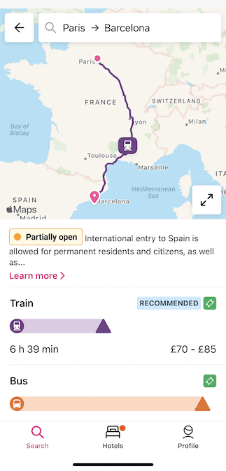 Screenshot of Rome2rio app