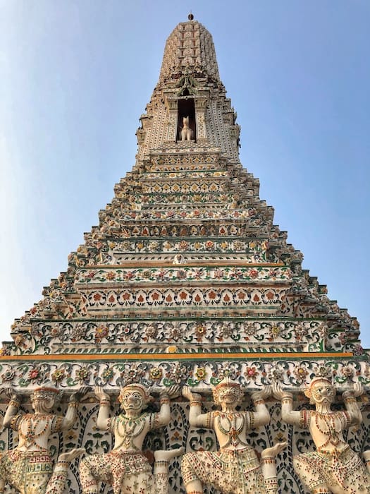Image of the spire at Wat Arun, Bangkok. The spire is covered is colourful glass