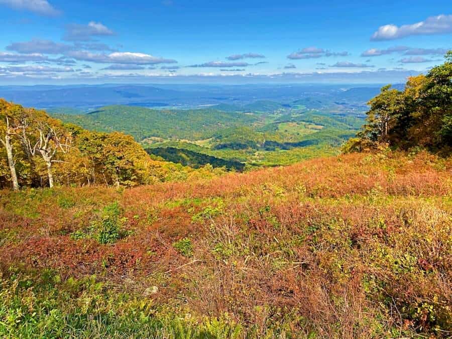 Image of a deep valley at Shenandoah National Park with the foliage turning red in the foreground