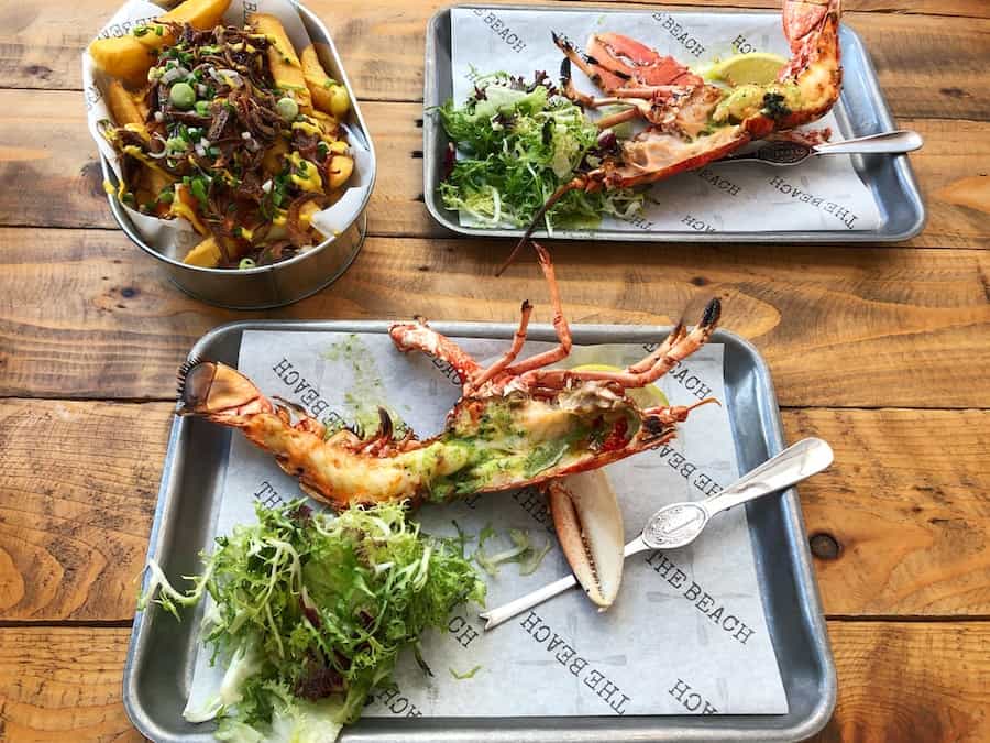 Image of seafood at The Beach Restaurant on St. Mary's including lobster and fries