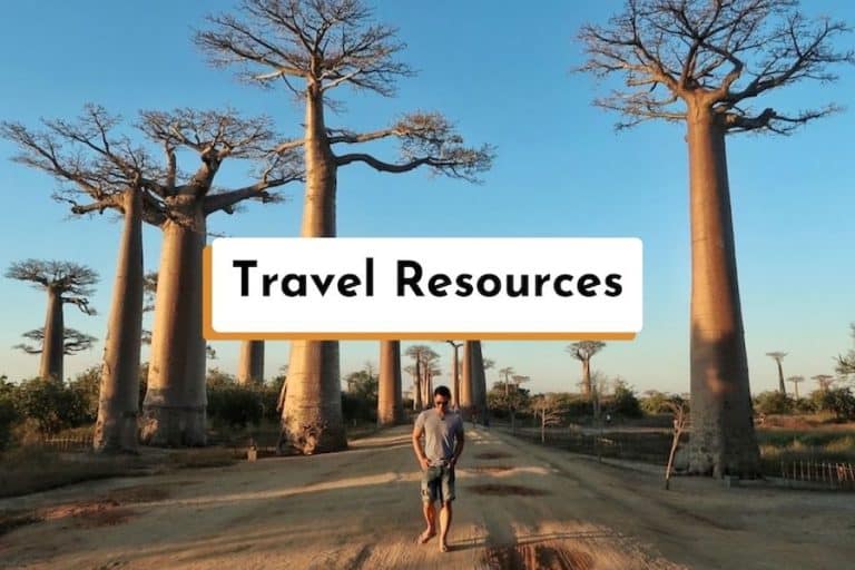 Travel Resources button link showing Jeff walking down a road with baobab trees in the background