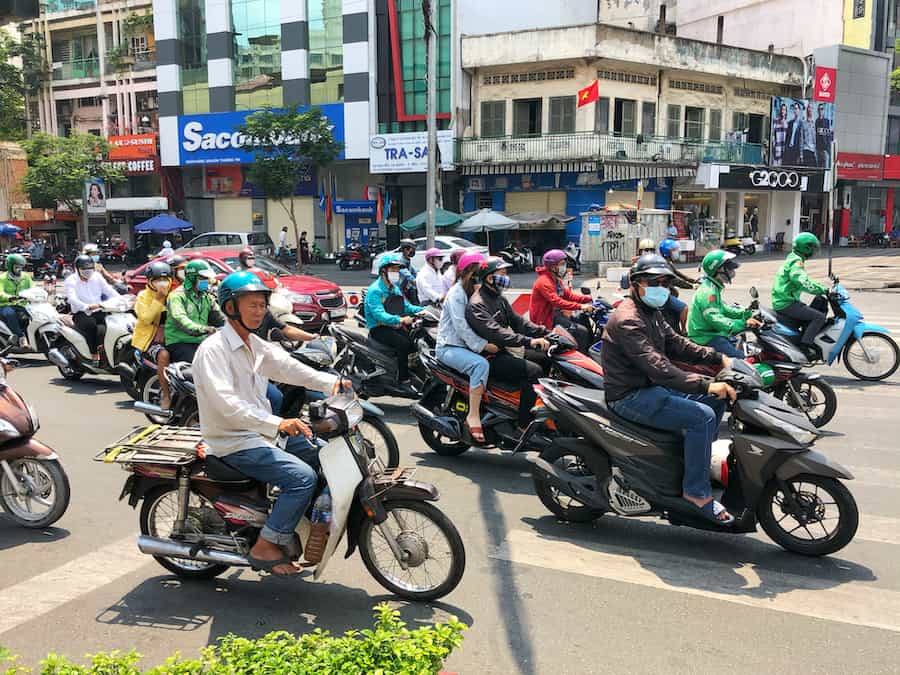 Image of many motorcycles on a busy highway in Vietnam