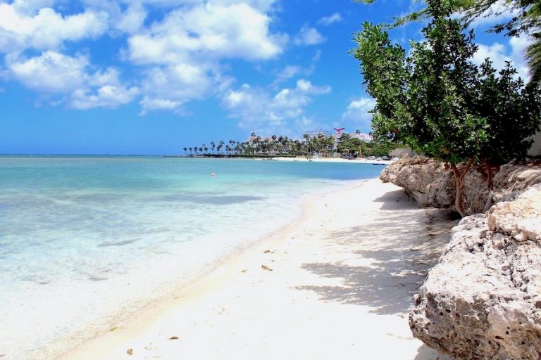 Cover Image for the blog post Airport Transportation In Aruba showing an image of a beach in Aruba with the sea and cruise ship in the background