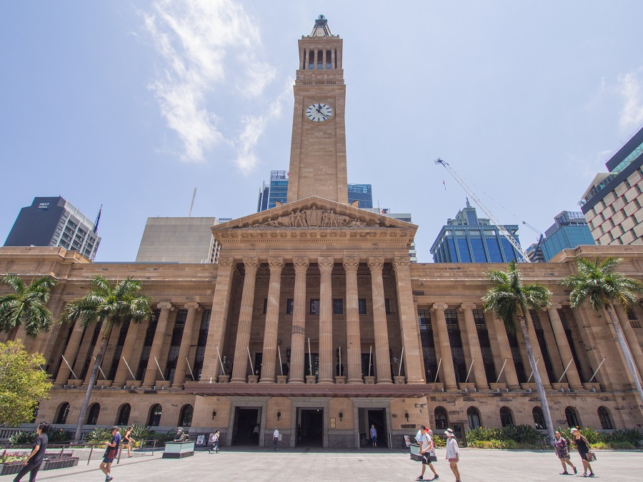 Architectural detail of the clock tower on Brisbane's historic City Hall