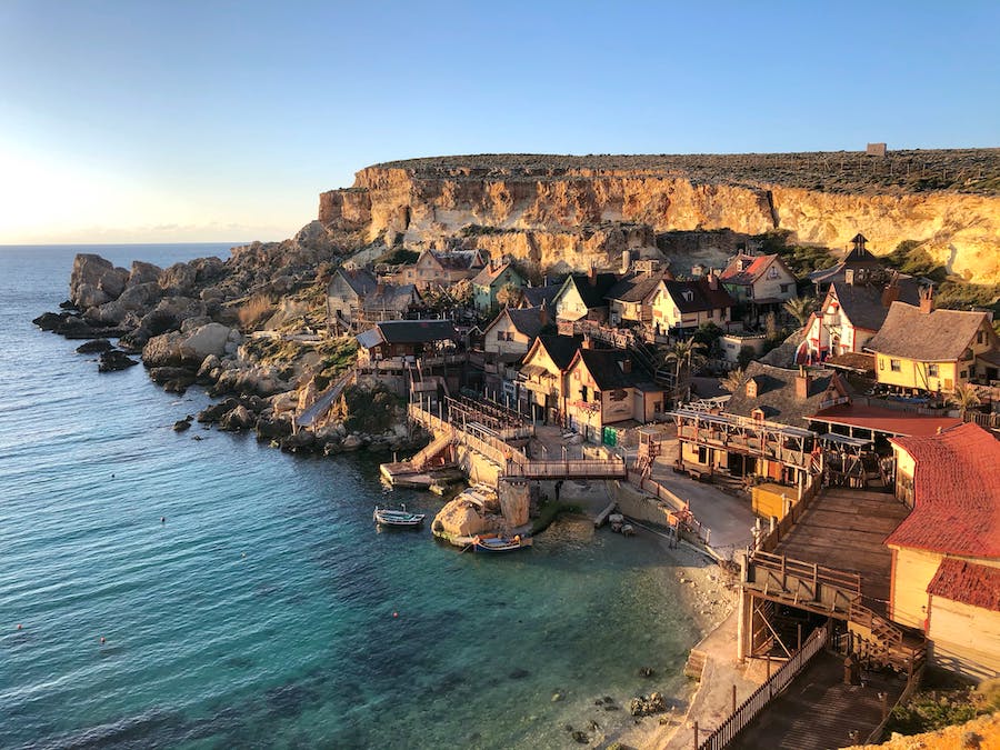 a small village on the Malta coast at sunset