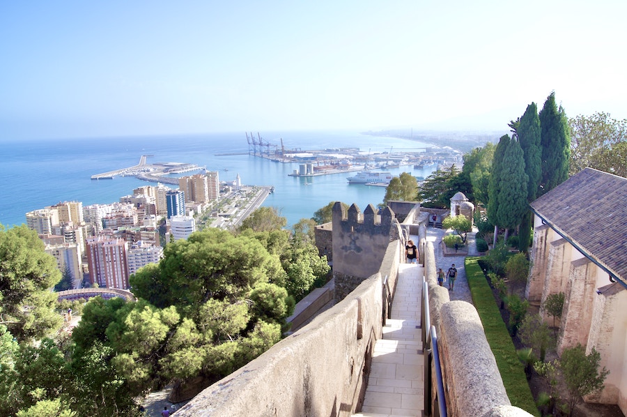 View of Malaga from Gibralfaro Castle showing the harbour of Malaga