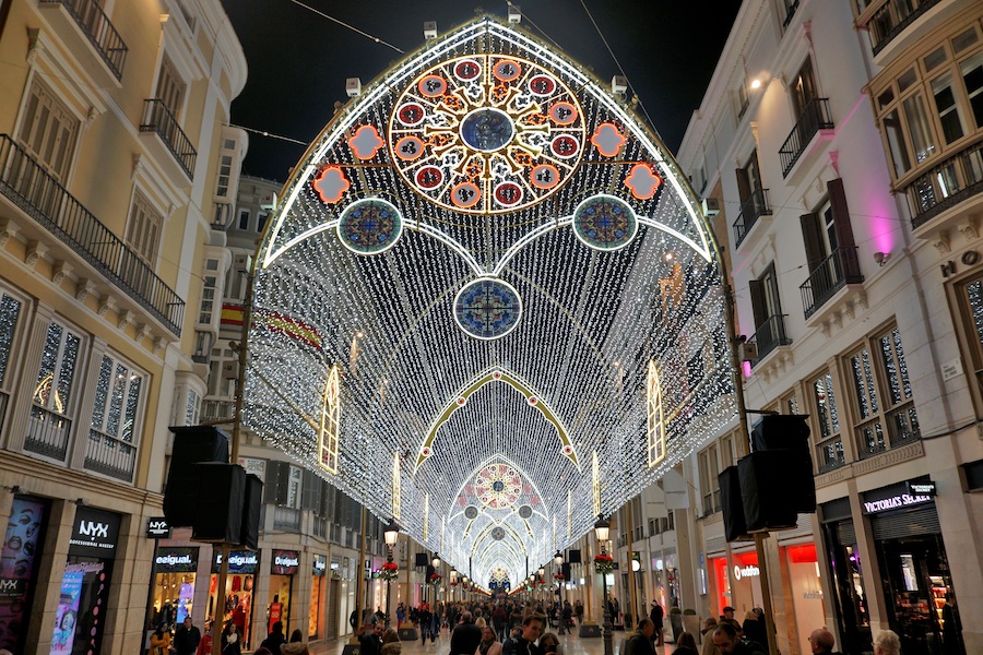 Christmas lights along the streets in Malaga in winter