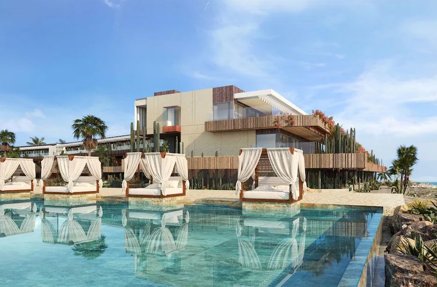 Infinity pool and daybeds at the new Secrets resort near Baby Beach, Aruba
