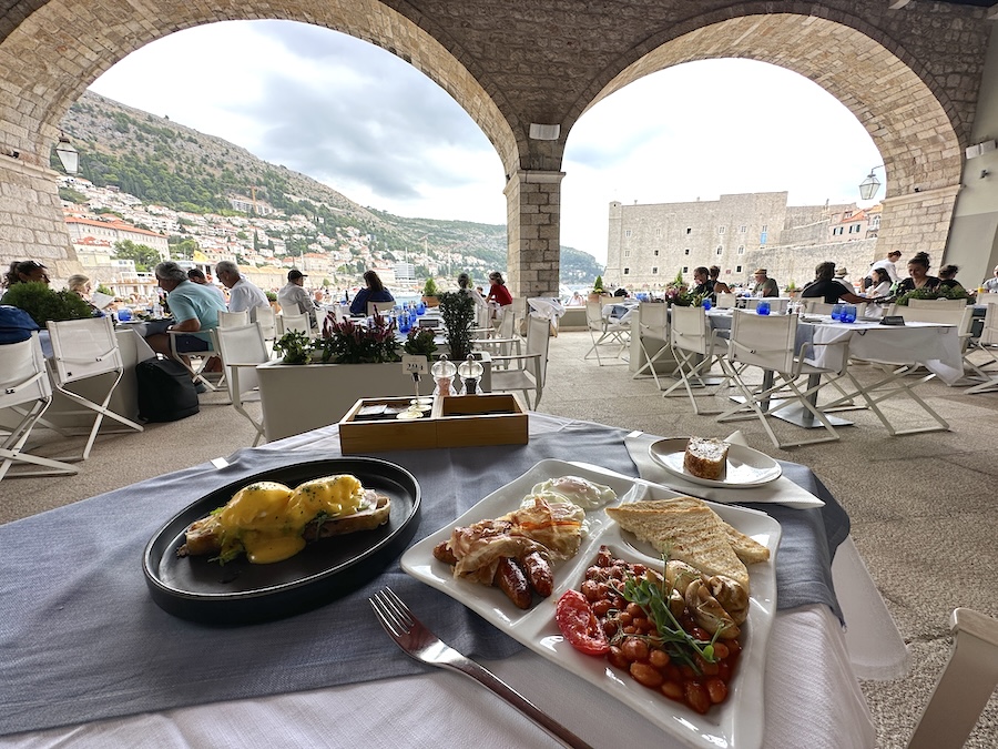 Breakfast at Gradska Kavana Arsenal overlooking Dubrovnik Old Port