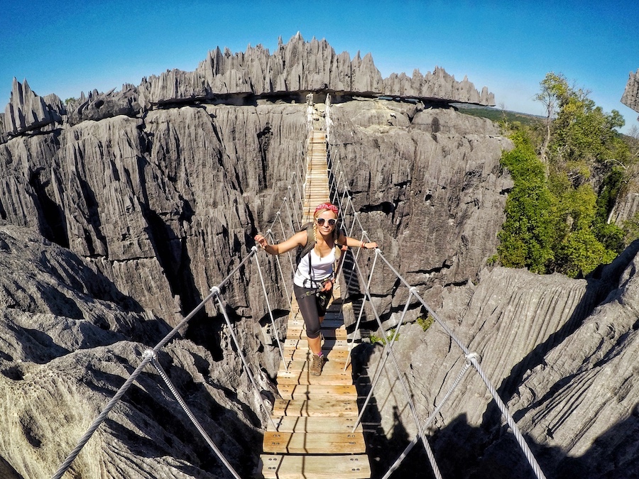Tsingy de Bemaraha suspension bridge over limestone pinnacles in Madagascar
