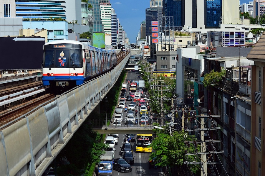 Bangkok BTS Skytrain running above traffic in the city centre