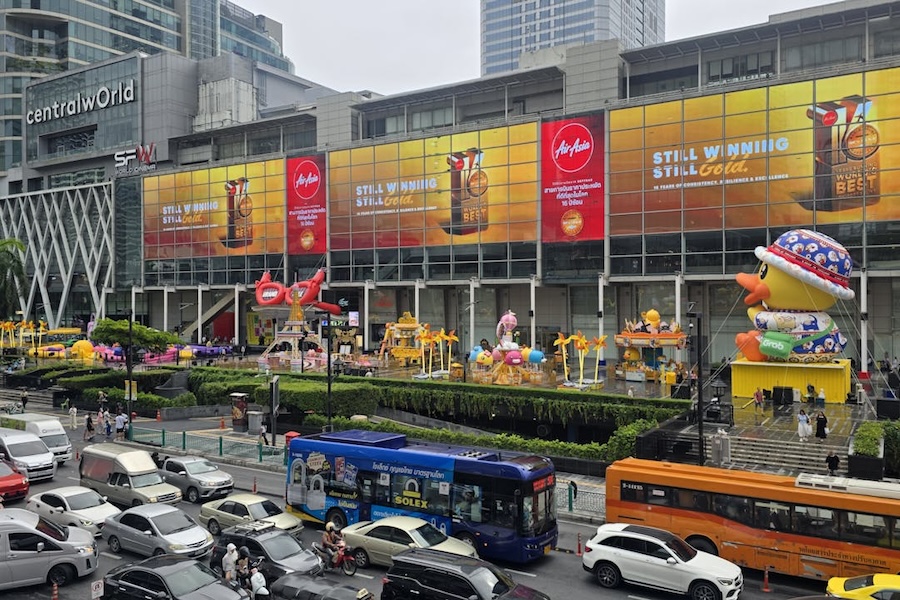 Exterior of CentralWorld shopping mall with traffic in Bangkok