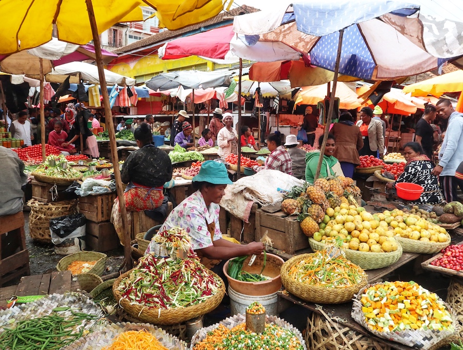 Local market stalls and fresh produce at Analakely Market in Antananarivo