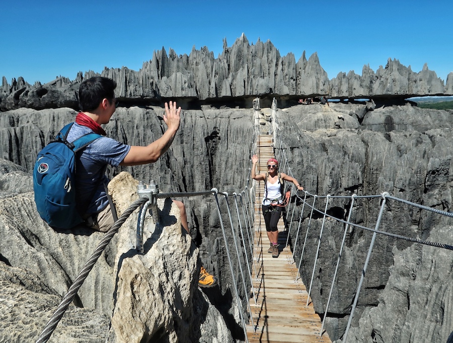 Suspension bridge crossing above the limestone peaks at Tsingy de Bemaraha
