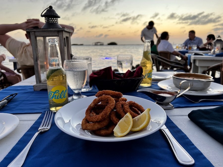 Fried calamari served at a waterfront table at Flying Fishbone restaurant